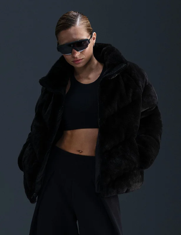 Don't Miss Sportswear Windpuffer Loose Faux Fur Jacket - Black/White